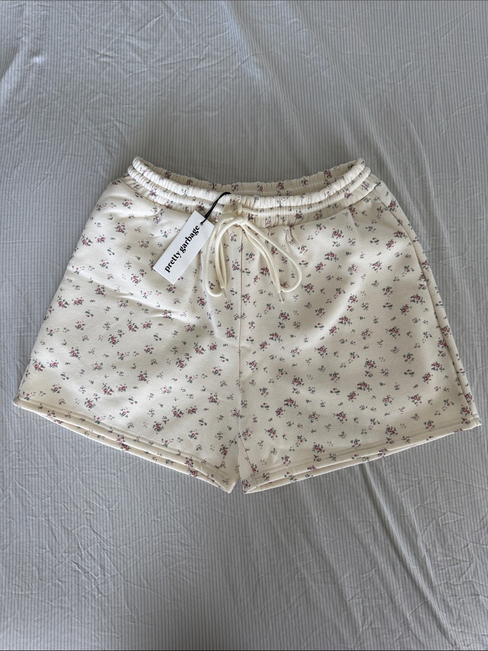 Pretty Garbage Cream Floral Drawstring Athletic Shorts